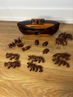 Vintage Hand-Carved Wooden Noah’s Ark with Safari Animal Figurines